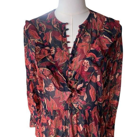 Dôen Assam Maxi Dress Button Up Long Sleeve Tropical Floral Red Pink Black Small - Picture 6 of 13